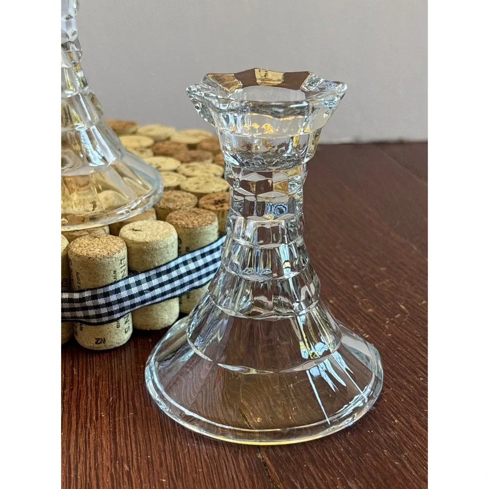 Homco Clear Pressed Glass Candlestick Holders Pair Vintage Faceted Taper 4 Inch
